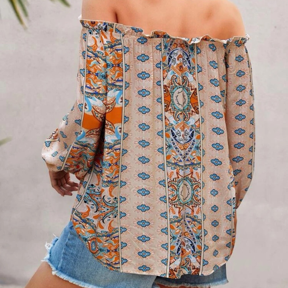 Paisley floral print off the shoulder long sleeve ruffle boho blouse maroon red - Picture 6 of 10